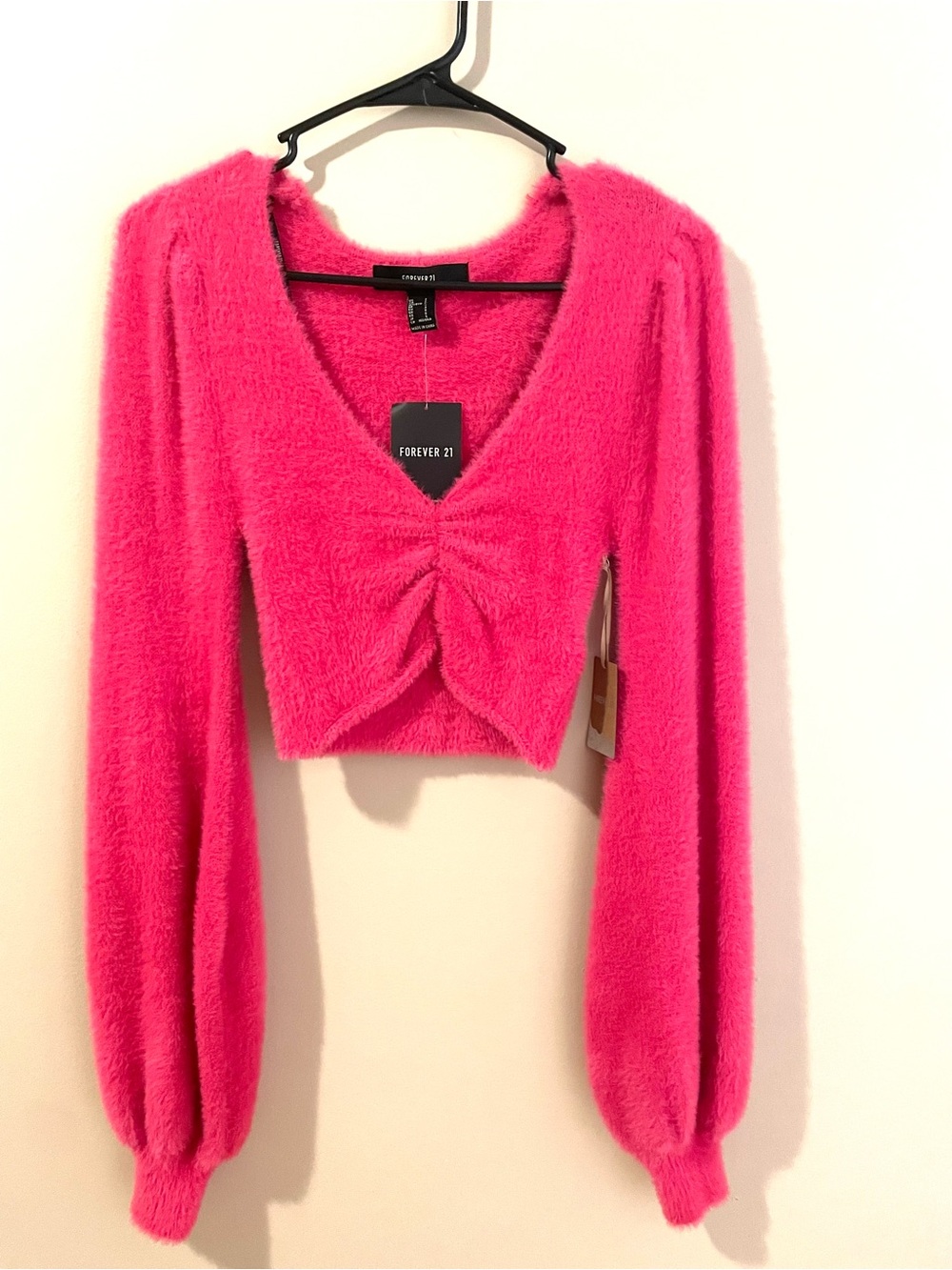 Forever 21 Hot Pink Fuzzy V-Neck Cropped Sweater